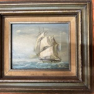 Signed Vintage Nautical Ship Painting in Ornate Frame by Baillie